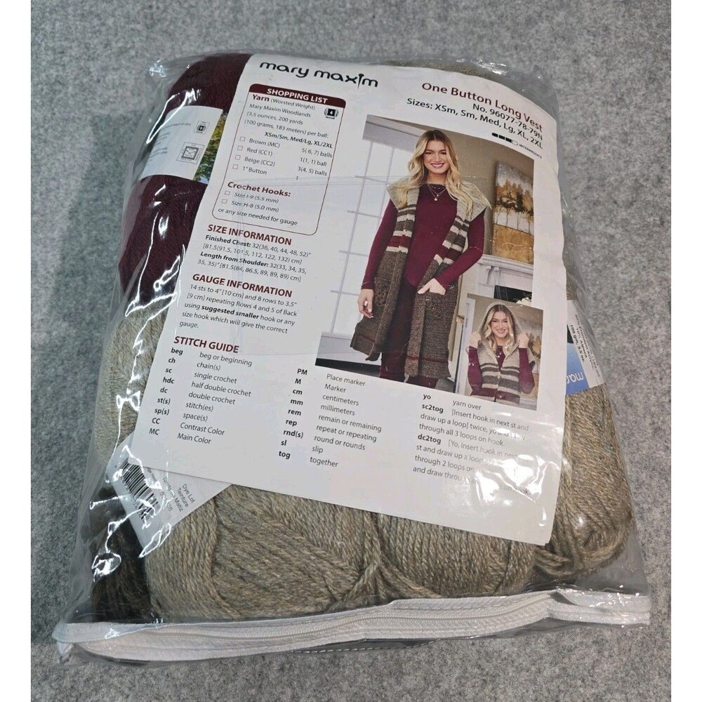 Mary Maxim One Button Long Vest Crochet Kit #96077-78-79N New Yarn Balls